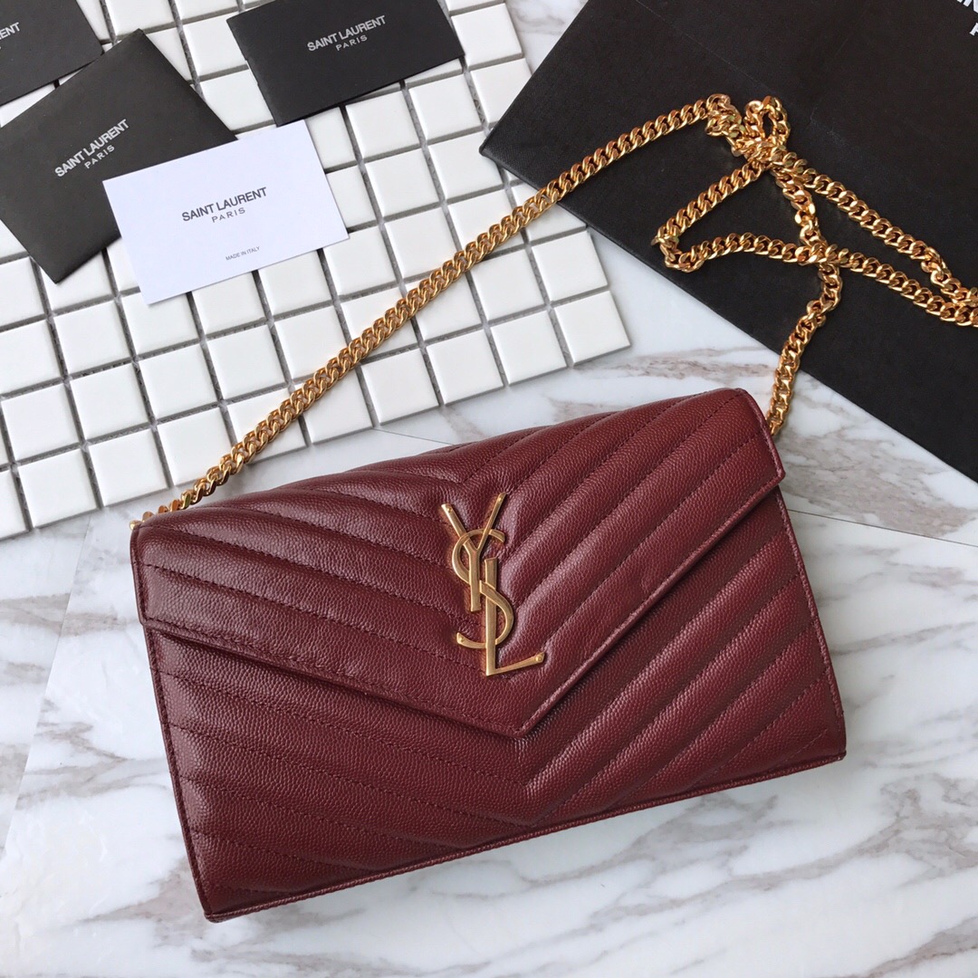 YSL Saint Laurent, 377828, MONOGRAM CHAIN WALLET GRAIN DE POUDRE TEXTURED MATELASSÉ LEATHER, STRAP DROP: 48 CM