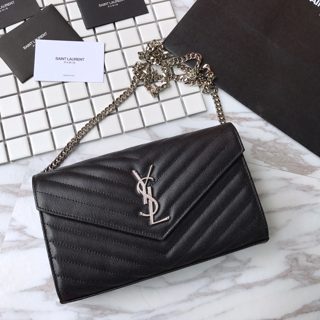 YSL Saint Laurent, 377828, MONOGRAM CHAIN WALLET GRAIN DE POUDRE TEXTURED MATELASSÉ LEATHER, STRAP DROP: 48 CM
