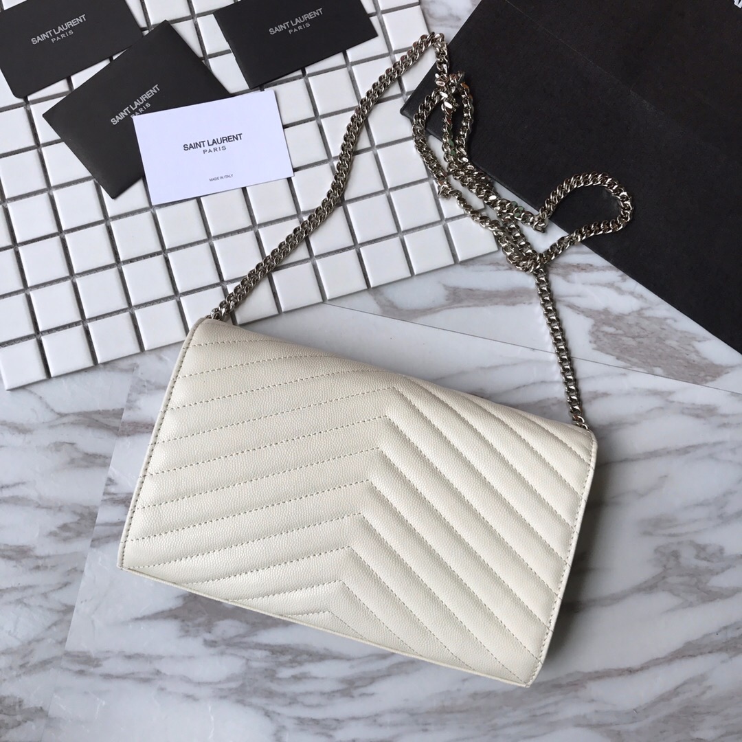YSL Saint Laurent, 377828, MONOGRAM CHAIN WALLET GRAIN DE POUDRE TEXTURED MATELASSÉ LEATHER, STRAP DROP: 48 CM