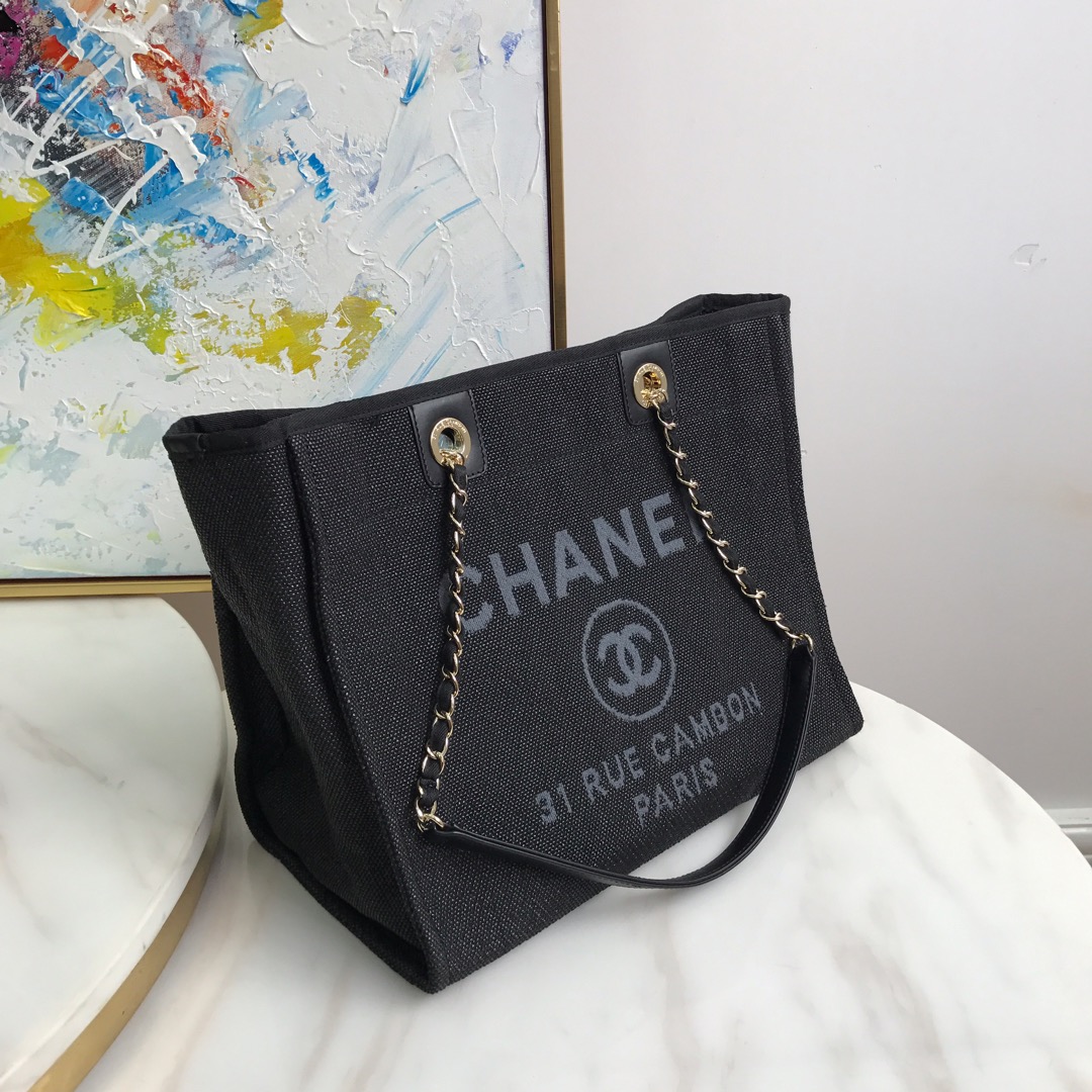 Shopping Bag, Canvas, Calfskin & Silver-Tone Metal