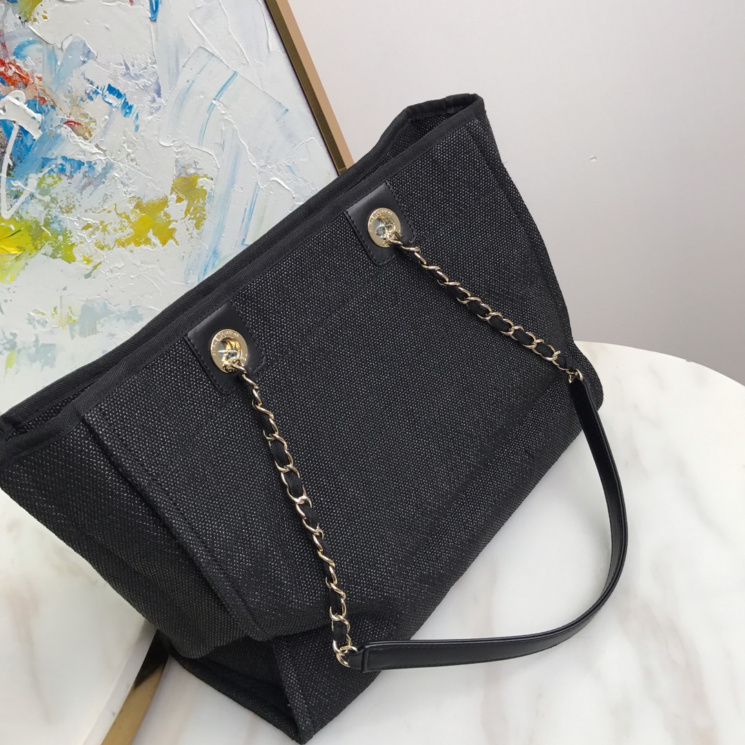 Shopping Bag, Canvas, Calfskin & Silver-Tone Metal