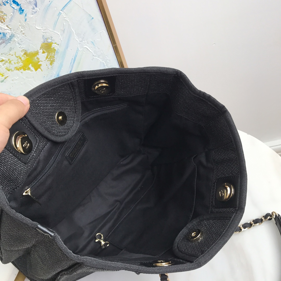 Shopping Bag, Canvas, Calfskin & Silver-Tone Metal