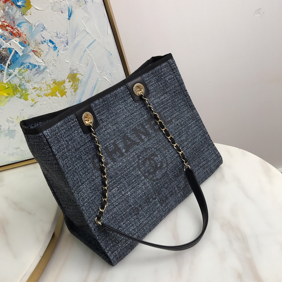 Shopping Bag, Canvas, Calfskin & Silver-Tone Metal