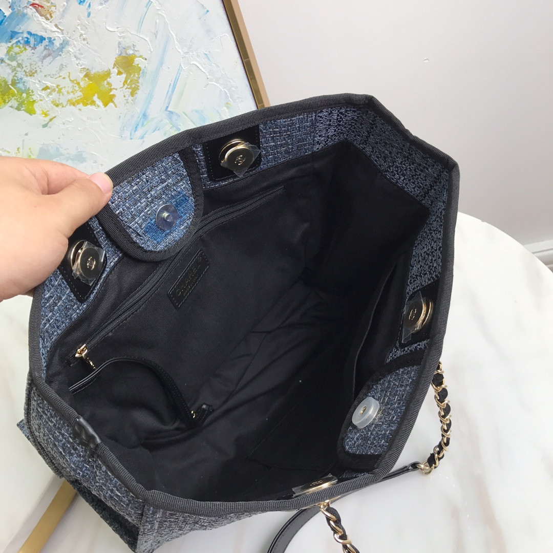 Shopping Bag, Canvas, Calfskin & Silver-Tone Metal