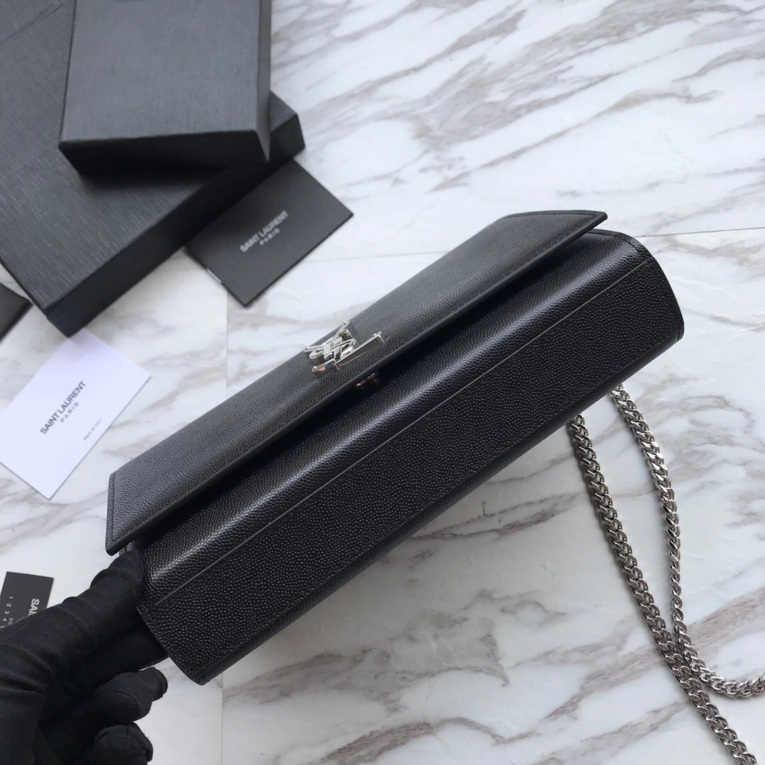 YSL Saint Laurent, 364021, MEDIUM KATE CHAIN BAG IN BLACK GRAIN DE POUDRE TEXTURED LEATHER