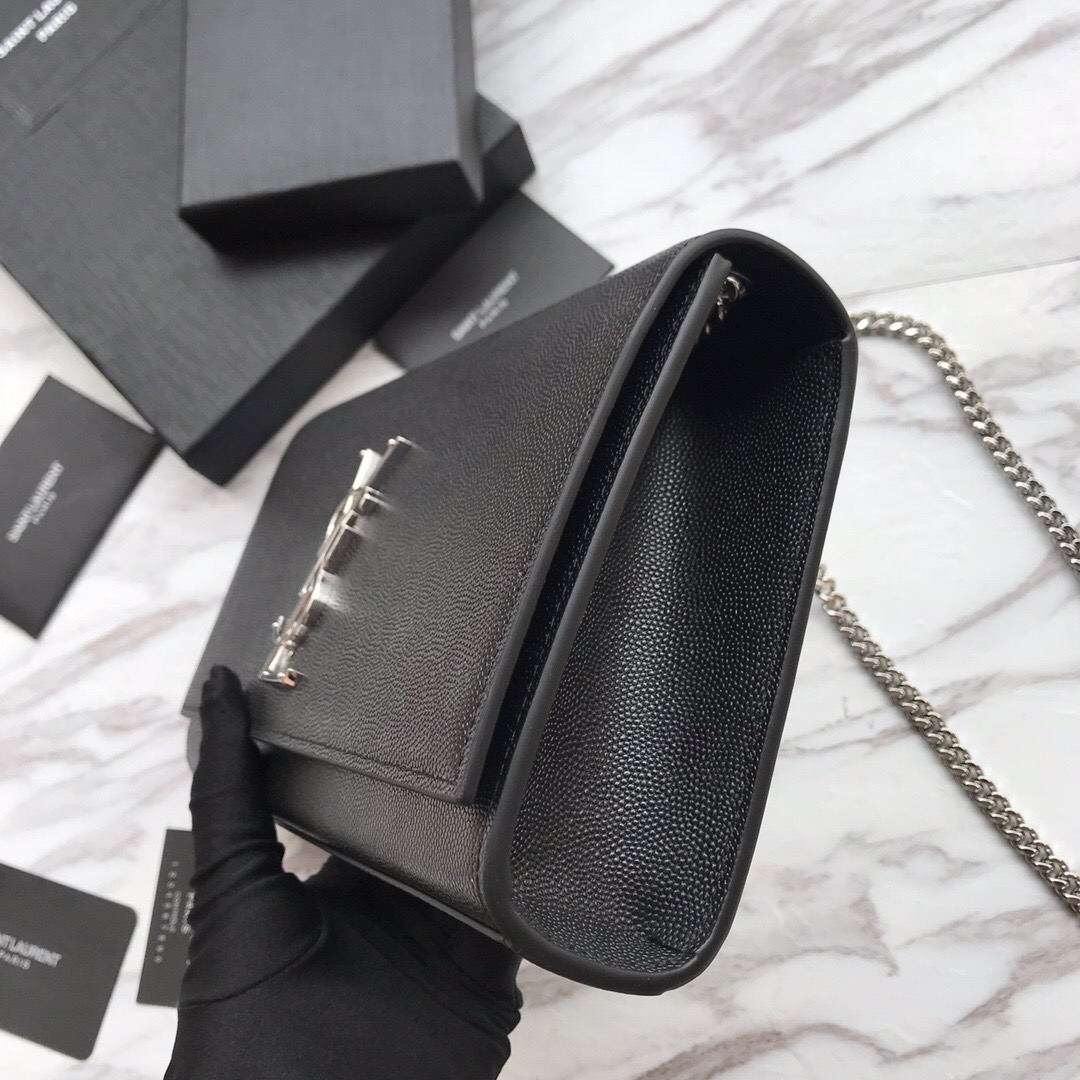 YSL Saint Laurent, 364021, MEDIUM KATE CHAIN BAG IN BLACK GRAIN DE POUDRE TEXTURED LEATHER