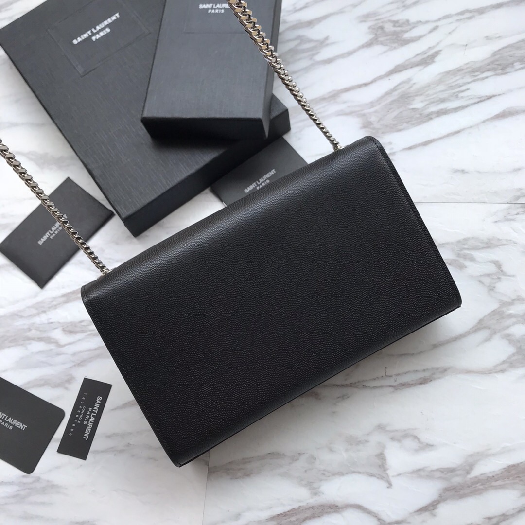 YSL Saint Laurent, 364021, MEDIUM KATE CHAIN BAG IN BLACK GRAIN DE POUDRE TEXTURED LEATHER