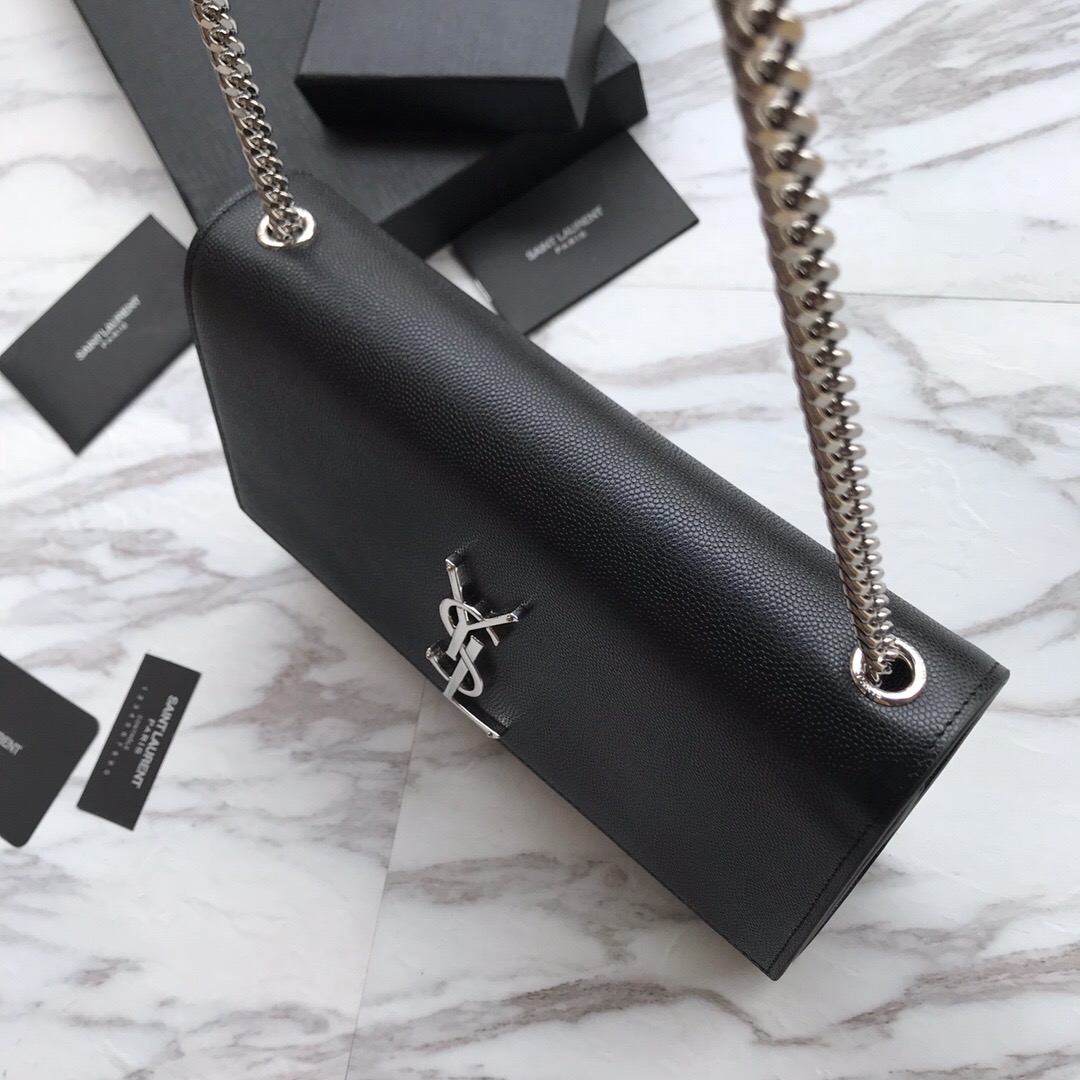 YSL Saint Laurent, 364021, MEDIUM KATE CHAIN BAG IN BLACK GRAIN DE POUDRE TEXTURED LEATHER