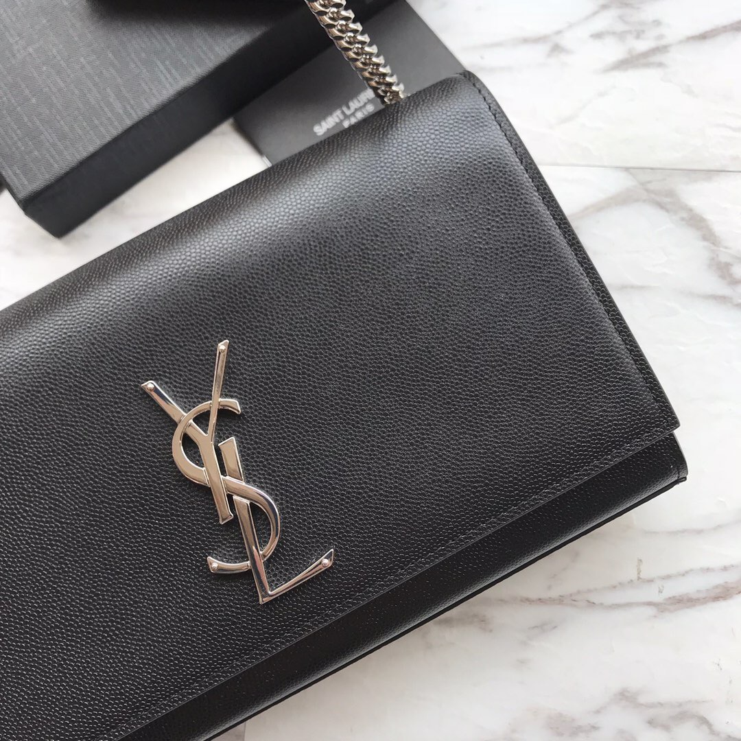 YSL Saint Laurent, 364021, MEDIUM KATE CHAIN BAG IN BLACK GRAIN DE POUDRE TEXTURED LEATHER