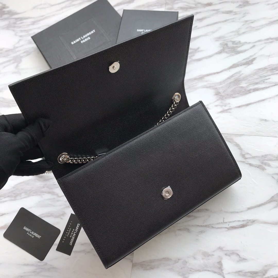 YSL Saint Laurent, 364021, MEDIUM KATE CHAIN BAG IN BLACK GRAIN DE POUDRE TEXTURED LEATHER