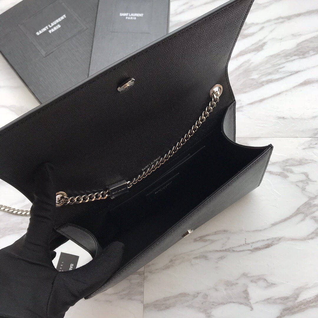 YSL Saint Laurent, 364021, MEDIUM KATE CHAIN BAG IN BLACK GRAIN DE POUDRE TEXTURED LEATHER