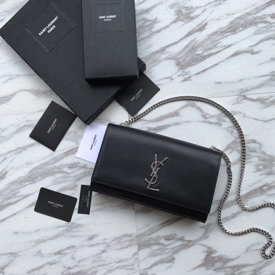 YSL Saint Laurent, 364021, MEDIUM KATE CHAIN BAG IN BLACK GRAIN DE POUDRE TEXTURED LEATHER