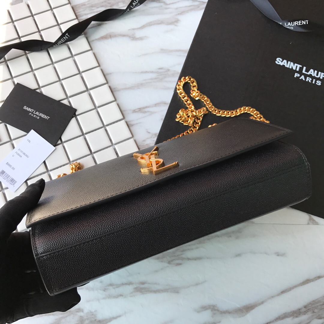 YSL Saint Laurent, 364021, MEDIUM KATE CHAIN BAG IN BLACK GRAIN DE POUDRE TEXTURED LEATHER