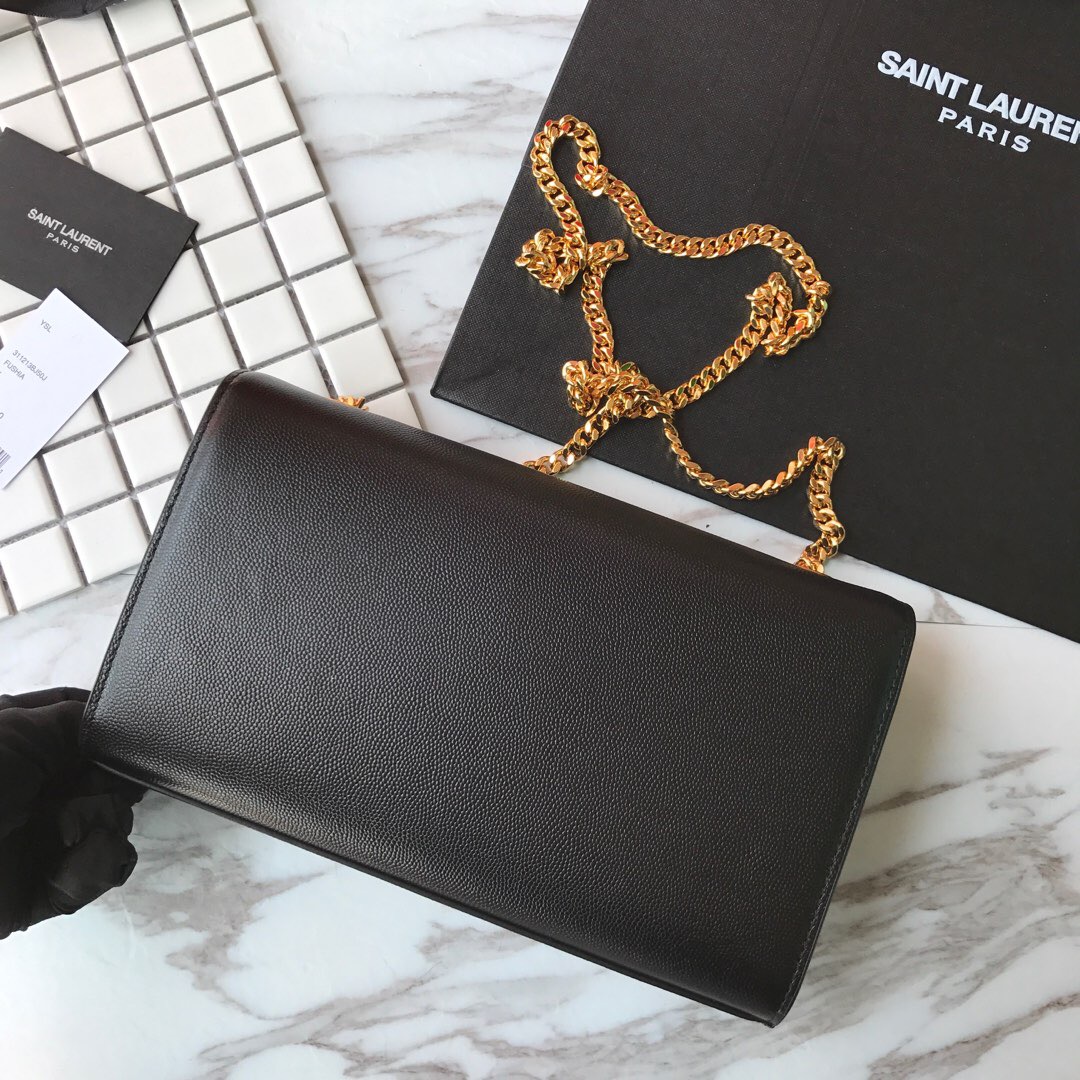 YSL Saint Laurent, 364021, MEDIUM KATE CHAIN BAG IN BLACK GRAIN DE POUDRE TEXTURED LEATHER