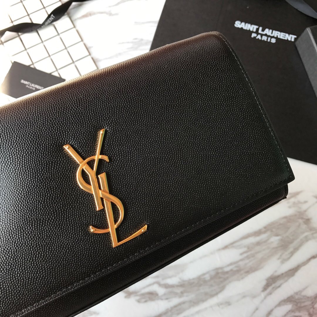 YSL Saint Laurent, 364021, MEDIUM KATE CHAIN BAG IN BLACK GRAIN DE POUDRE TEXTURED LEATHER