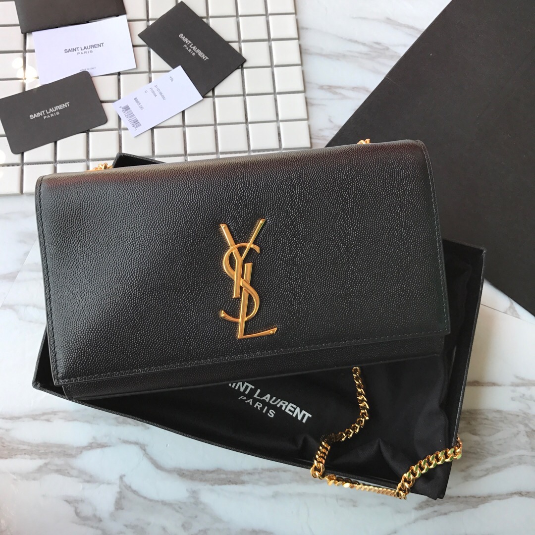 YSL Saint Laurent, 364021, MEDIUM KATE CHAIN BAG IN BLACK GRAIN DE POUDRE TEXTURED LEATHER