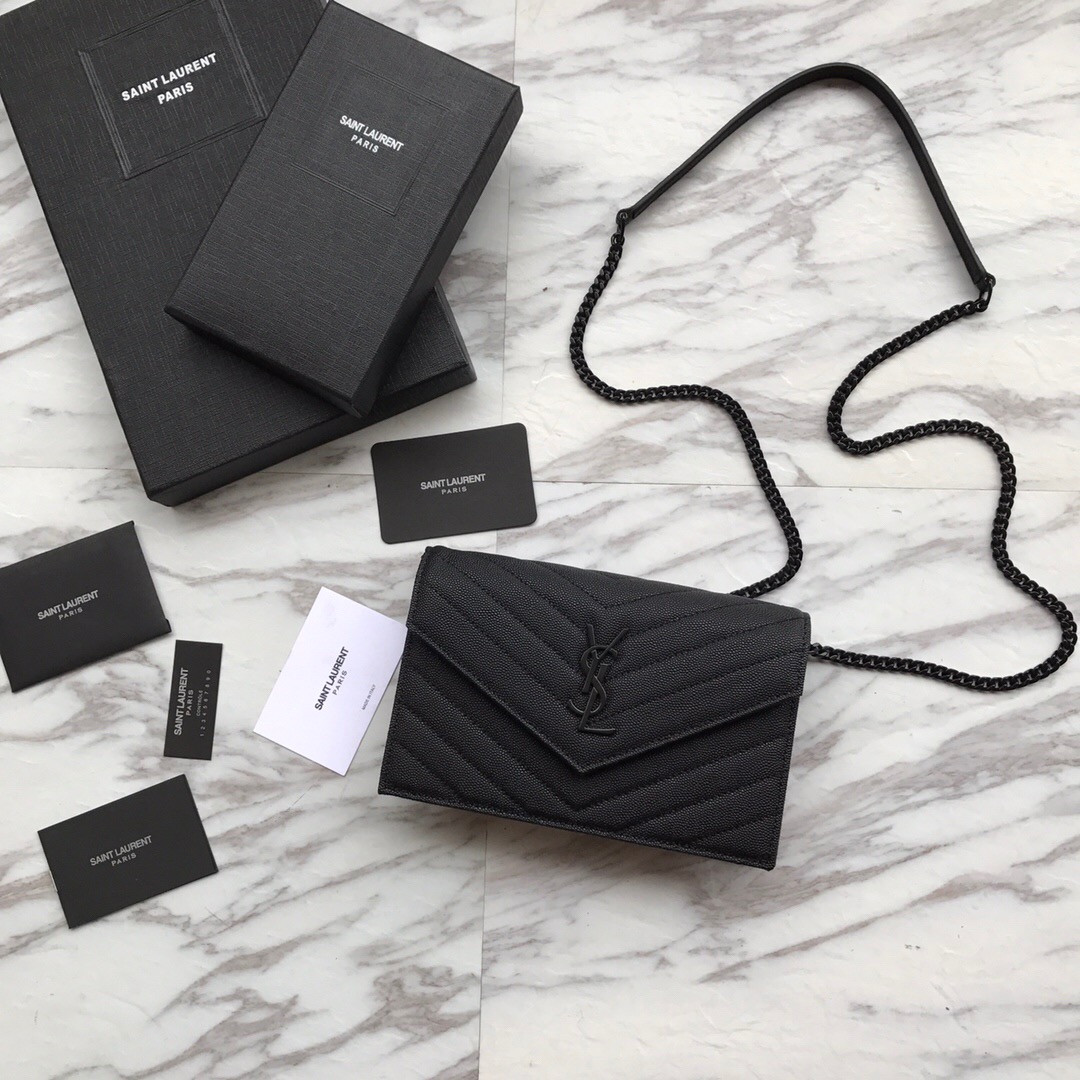 393953 ENVELOPE CHAIN WALLET IN GRAIN DE POUDRE EMBOSSED LEATHER, YSL Saint Laurent