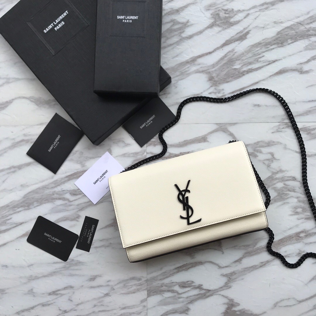 YSL Saint Laurent, 364021, MEDIUM KATE CHAIN BAG IN BLACK GRAIN DE POUDRE TEXTURED LEATHER