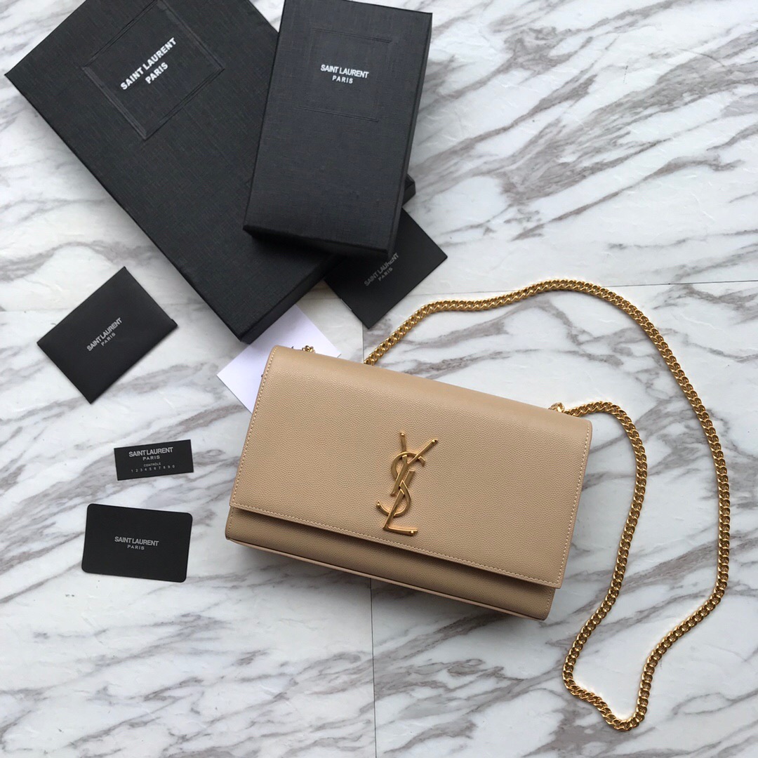 YSL Saint Laurent, 364021, MEDIUM KATE CHAIN BAG IN BLACK GRAIN DE POUDRE TEXTURED LEATHER