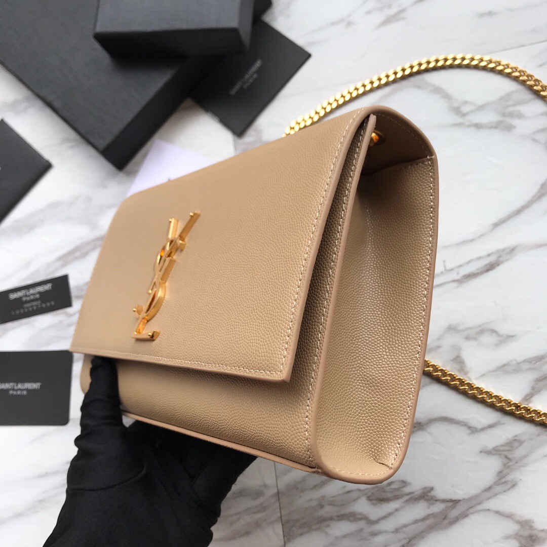 YSL Saint Laurent, 364021, MEDIUM KATE CHAIN BAG IN BLACK GRAIN DE POUDRE TEXTURED LEATHER