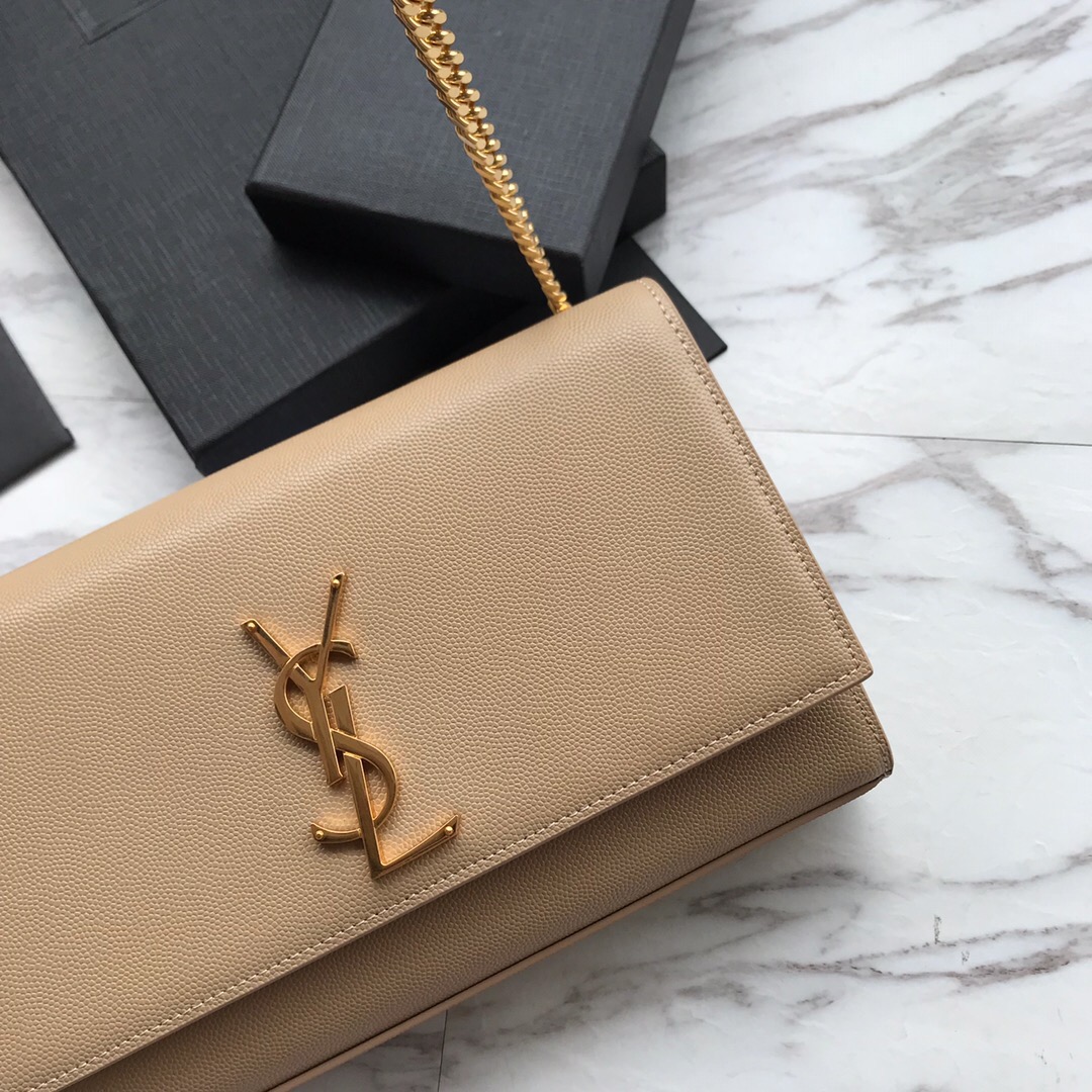 YSL Saint Laurent, 364021, MEDIUM KATE CHAIN BAG IN BLACK GRAIN DE POUDRE TEXTURED LEATHER