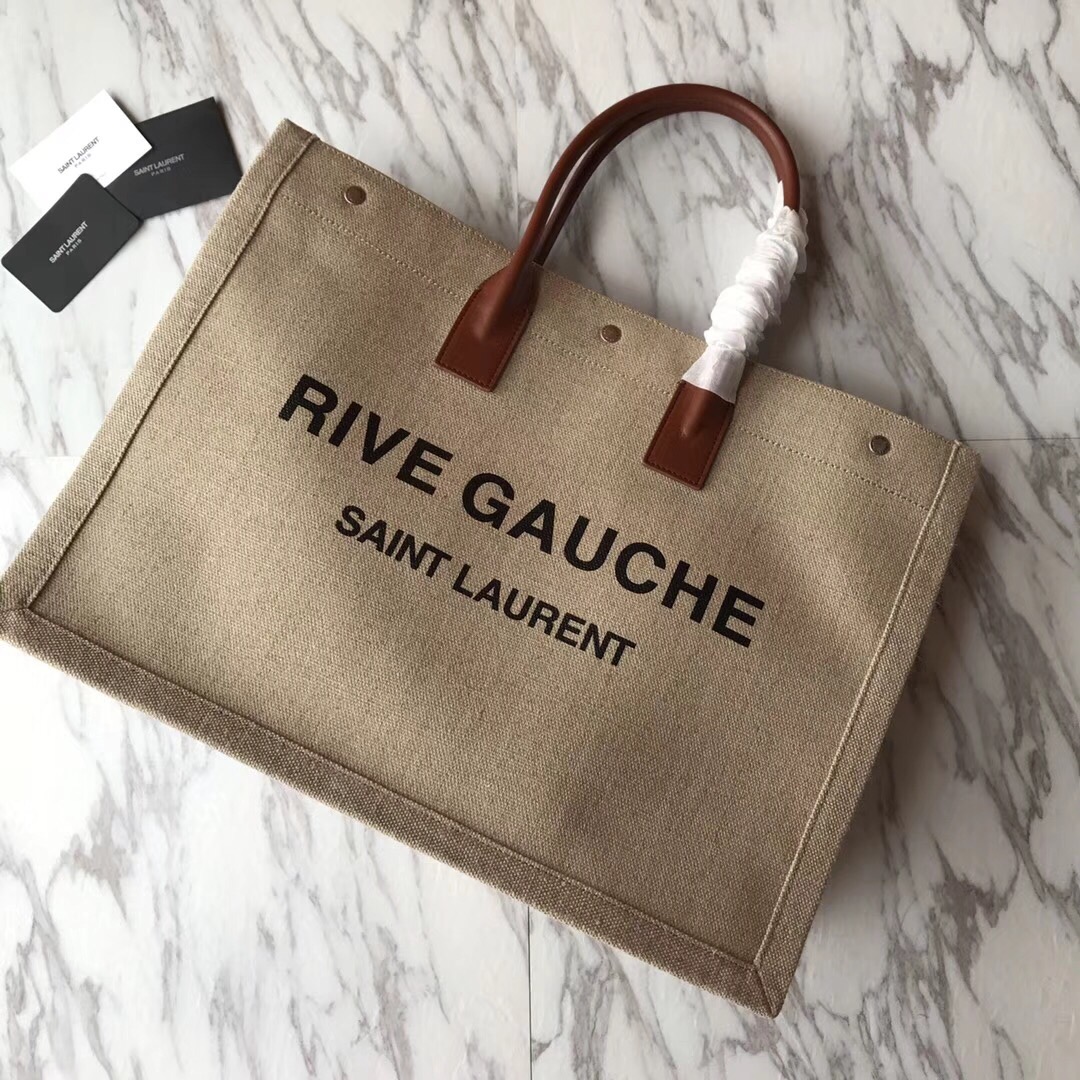 499290 RIVE GAUCHE TOTE BAG IN LINEN AND LEATHER, YSL Saint Laurent