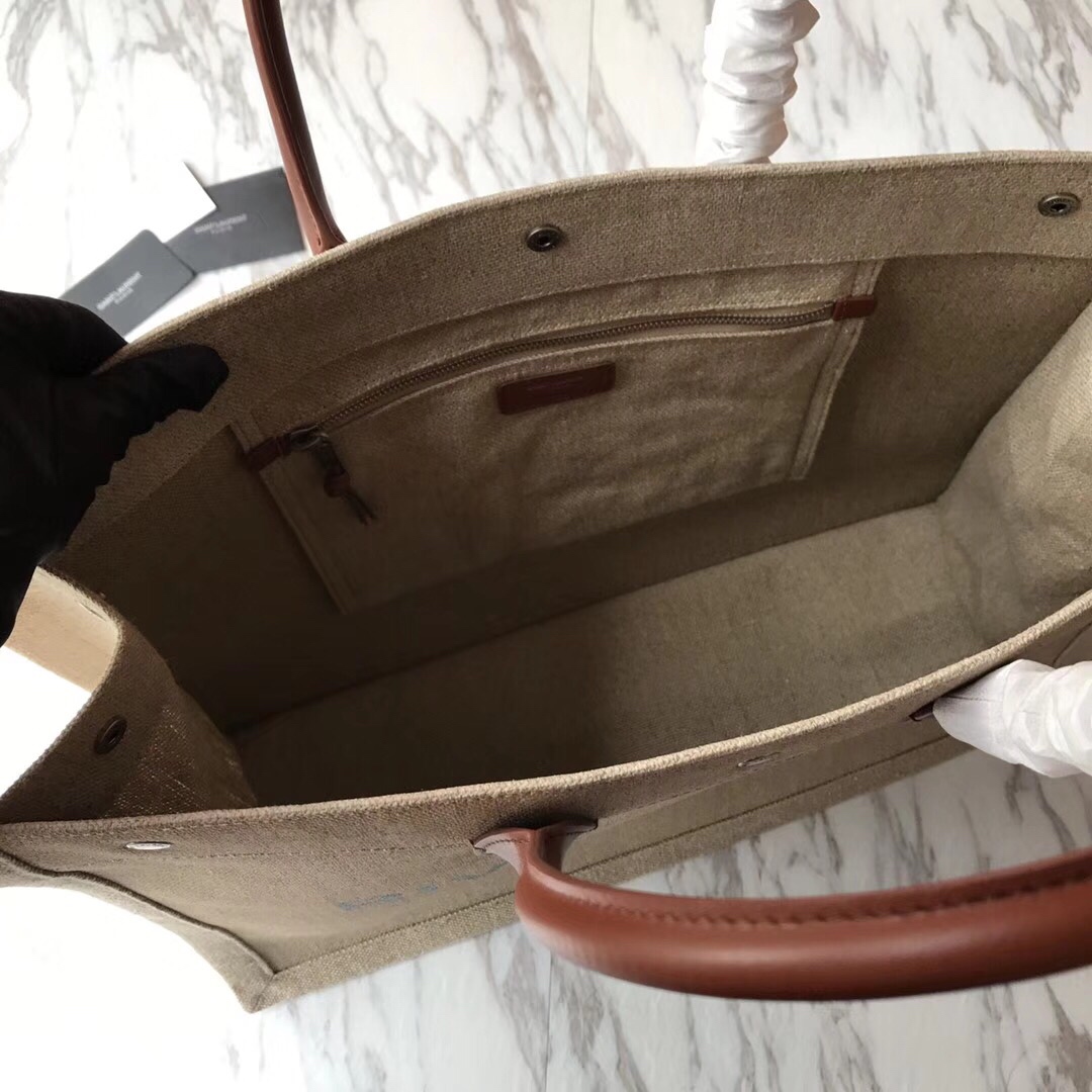 499290 RIVE GAUCHE TOTE BAG IN LINEN AND LEATHER, YSL Saint Laurent