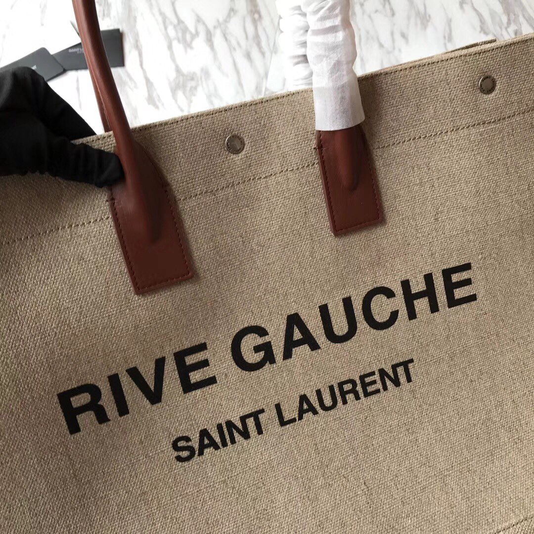 499290 RIVE GAUCHE TOTE BAG IN LINEN AND LEATHER, YSL Saint Laurent