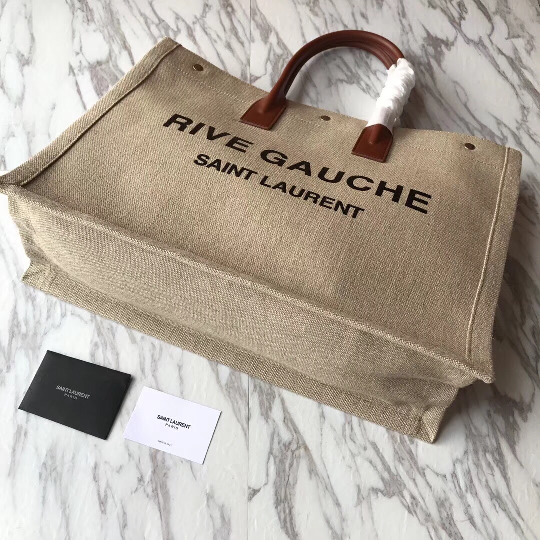 499290 RIVE GAUCHE TOTE BAG IN LINEN AND LEATHER, YSL Saint Laurent