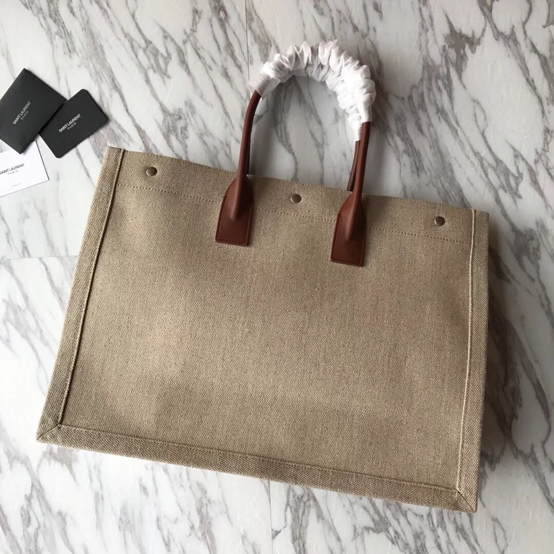 499290 RIVE GAUCHE TOTE BAG IN LINEN AND LEATHER, YSL Saint Laurent