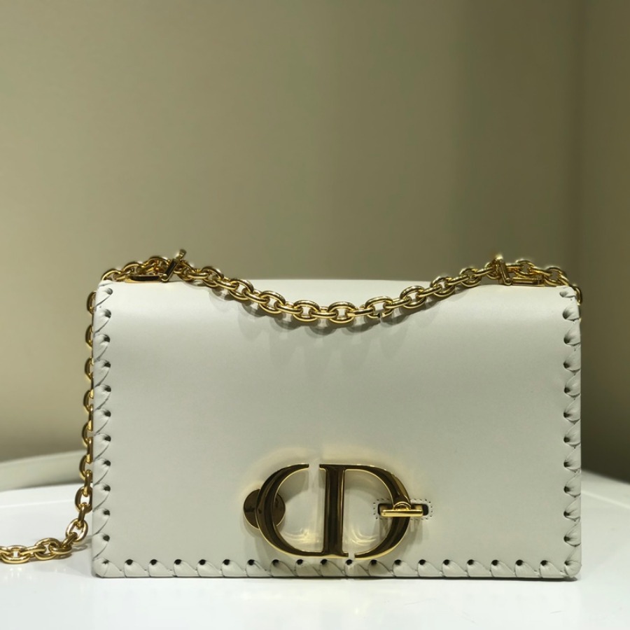  M9220 CHALK WHITE 30 MONTAIGNE THREADED EDGES CALFSKIN FLAP CHAIN BAG, DIOR HANDBAG