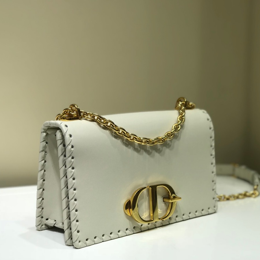  M9220 CHALK WHITE 30 MONTAIGNE THREADED EDGES CALFSKIN FLAP CHAIN BAG, DIOR HANDBAG