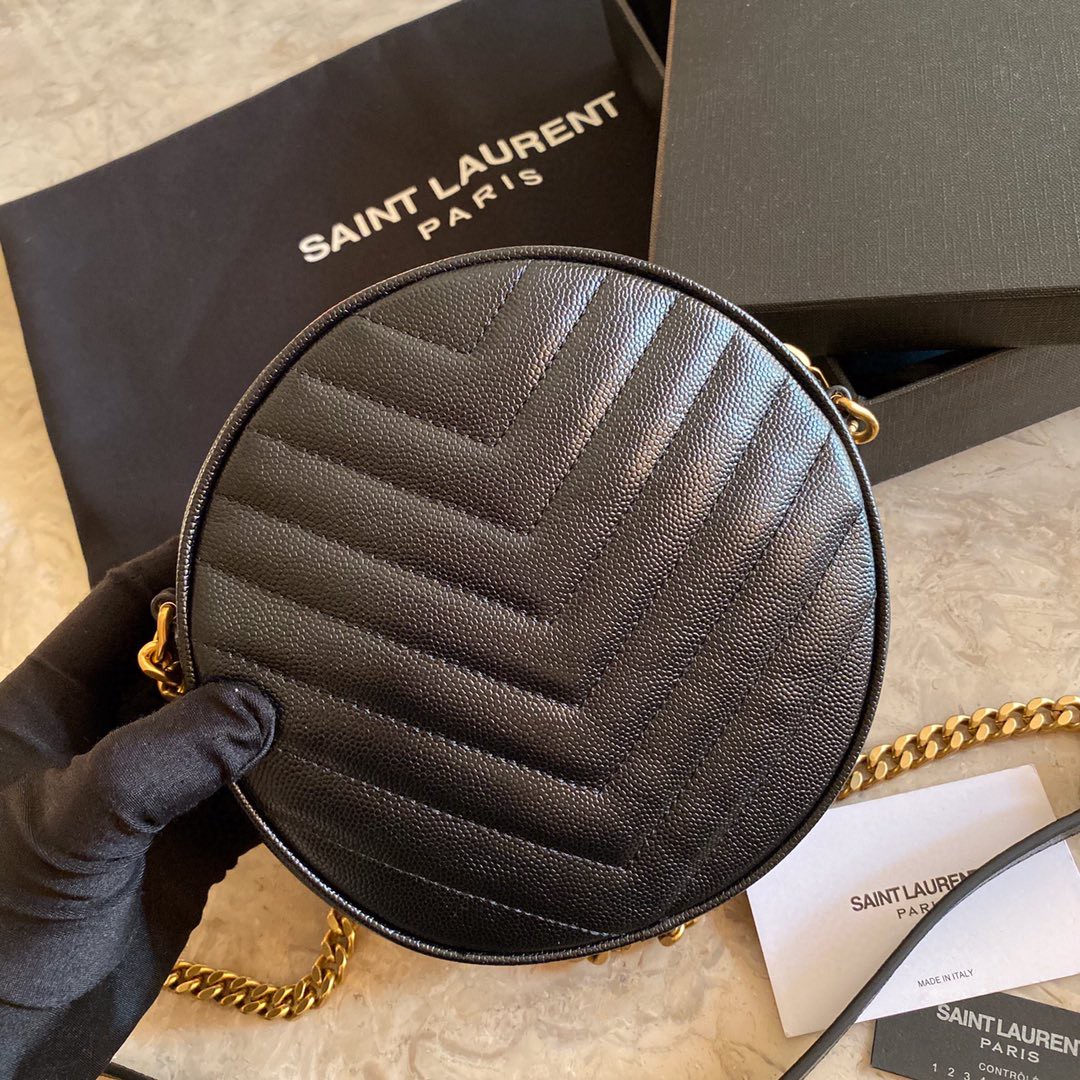 610436 VINYLE ROUND CAMERA BAG IN CHEVRON-QUILTED GRAIN DE POUDRE EMBOSSED LEATHER, Yves Saint Laurent YSL