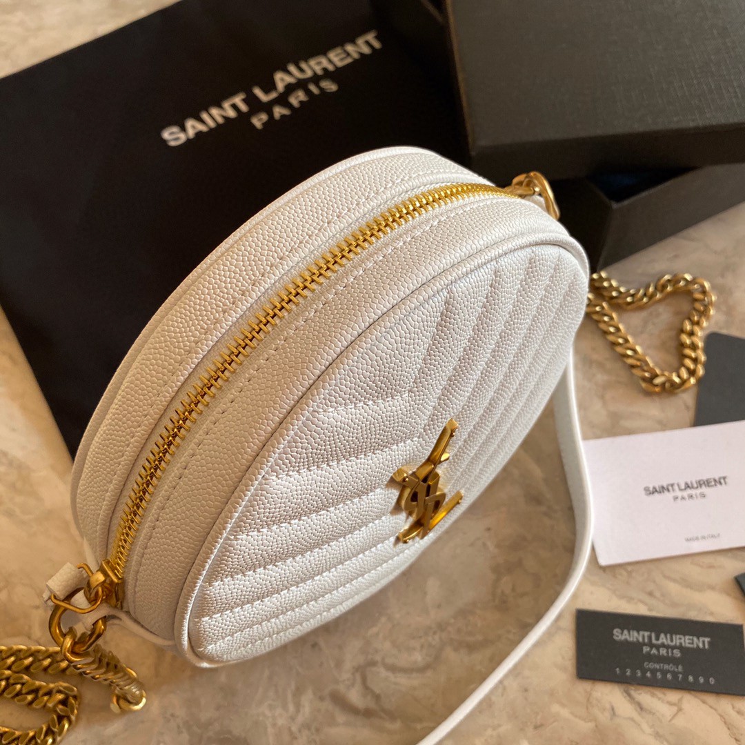 610436 VINYLE ROUND CAMERA BAG IN CHEVRON-QUILTED GRAIN DE POUDRE EMBOSSED LEATHER, Yves Saint Laurent YSL