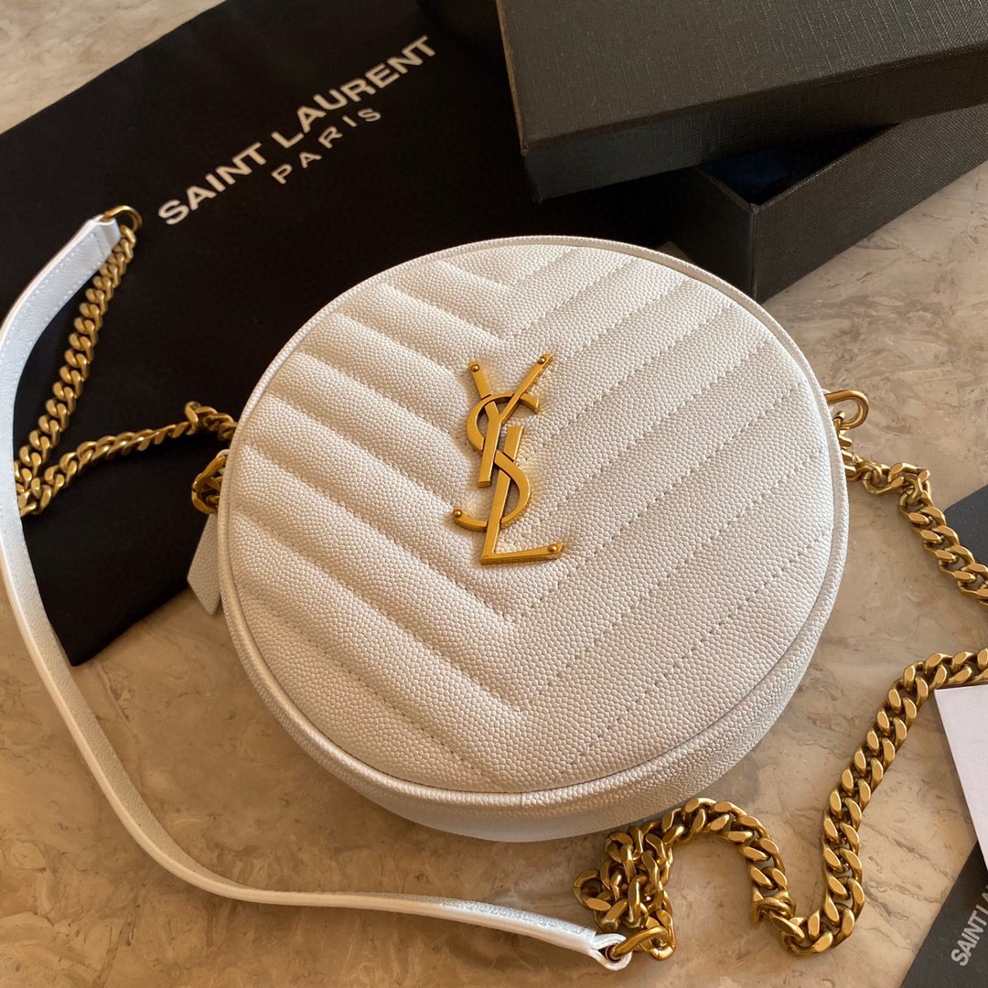 610436 VINYLE ROUND CAMERA BAG IN CHEVRON-QUILTED GRAIN DE POUDRE EMBOSSED LEATHER, Yves Saint Laurent YSL