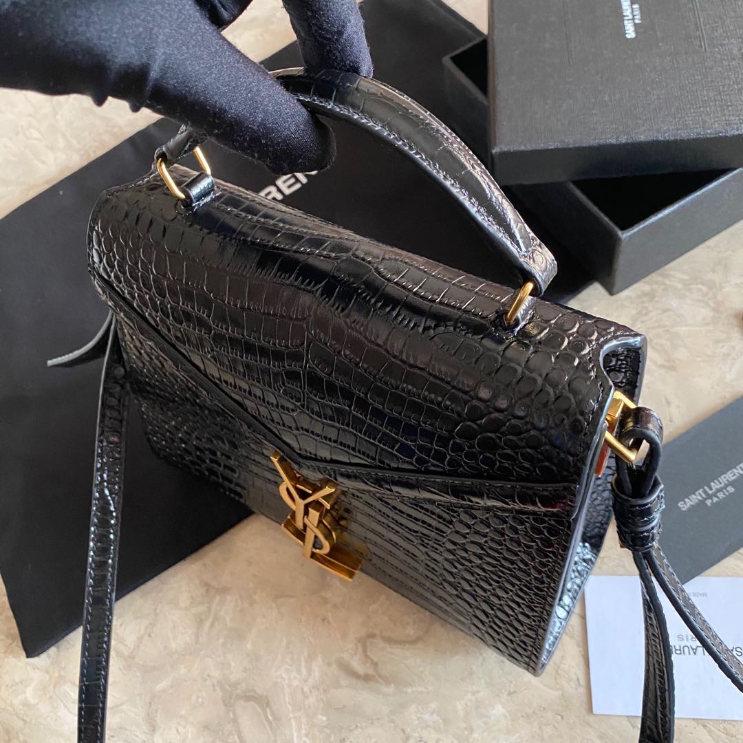 532750 CASSANDRA MINI TOP HANDLE BAG IN CROCODILE-EMBOSSED SHINY LEATHER, Yves Saint Laurent YSL