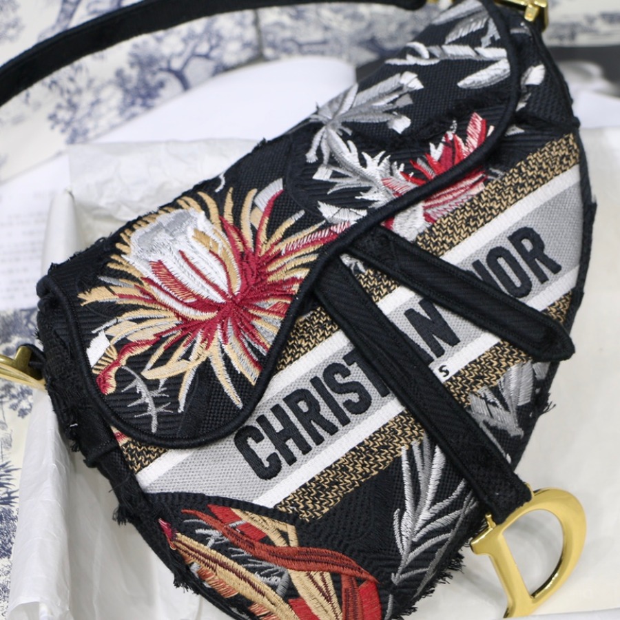 SADDLE BAG, Black Camouflage Embroidery with Multicolor Flowers, M0446 DIOR SHOULDER BAG