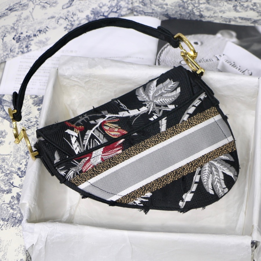 SADDLE BAG, Black Camouflage Embroidery with Multicolor Flowers, M0446 DIOR SHOULDER BAG