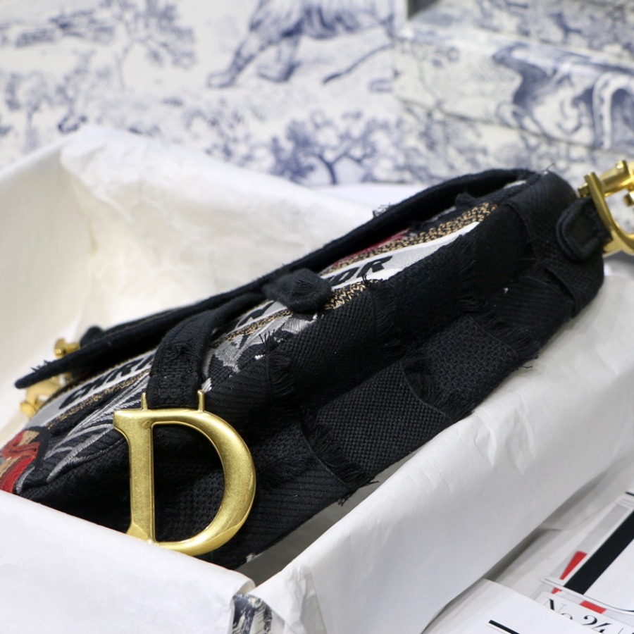 SADDLE BAG, Black Camouflage Embroidery with Multicolor Flowers, M0446 DIOR SHOULDER BAG