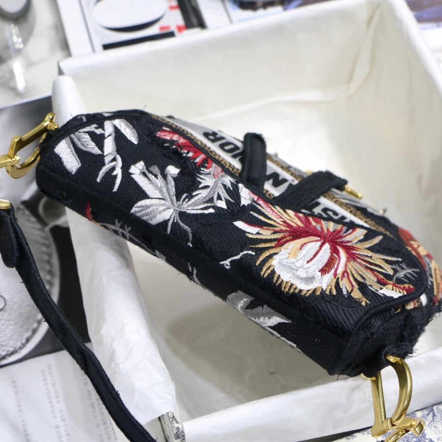 SADDLE BAG, Black Camouflage Embroidery with Multicolor Flowers, M0446 DIOR SHOULDER BAG