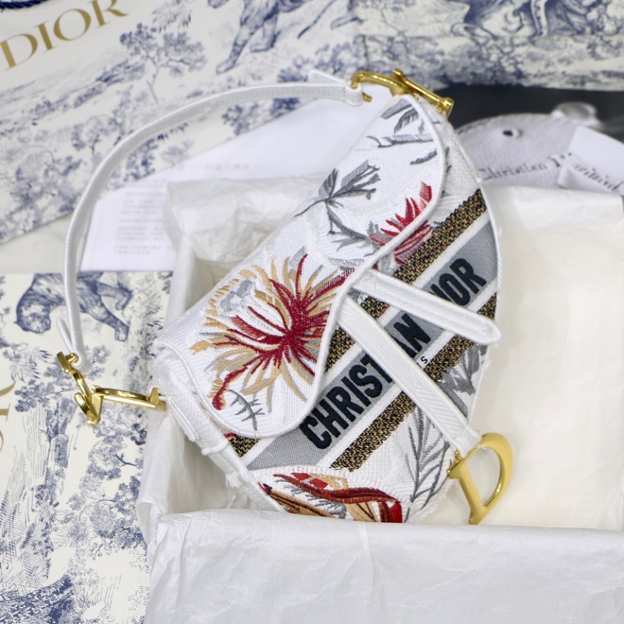 SADDLE BAG, White Camouflage Embroidery with Multicolor Flowers, M0446 DIOR SHOULDER BAG