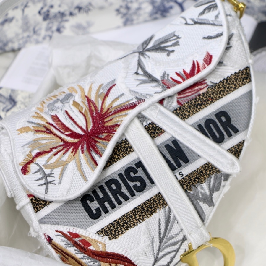 SADDLE BAG, White Camouflage Embroidery with Multicolor Flowers, M0446 DIOR SHOULDER BAG