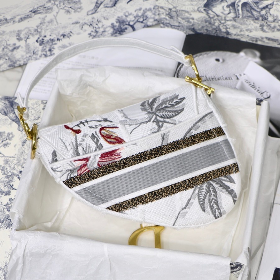 SADDLE BAG, White Camouflage Embroidery with Multicolor Flowers, M0446 DIOR SHOULDER BAG