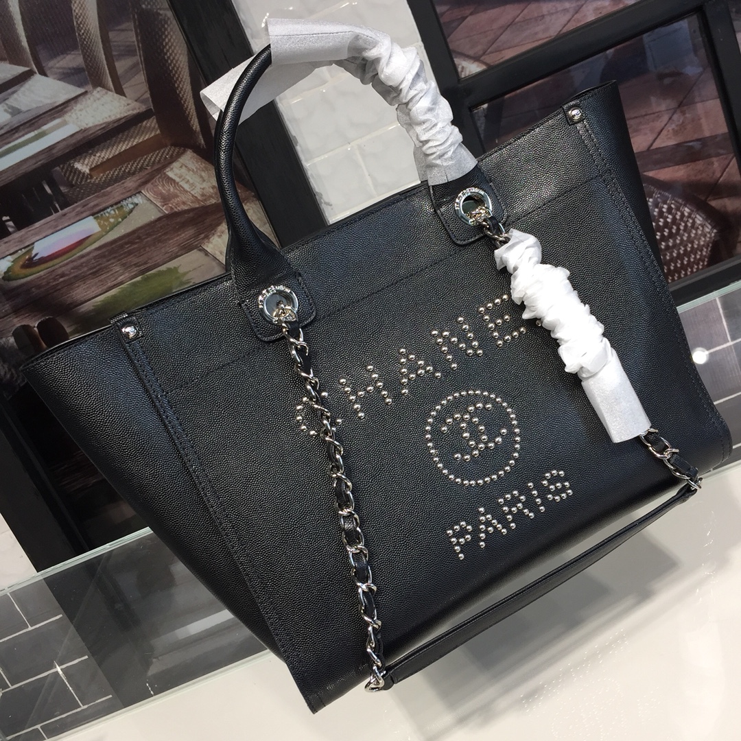 A57069  shopping bag, Grained Calfskin & Silver-Tone Metal, CHANEL HANDBAGS