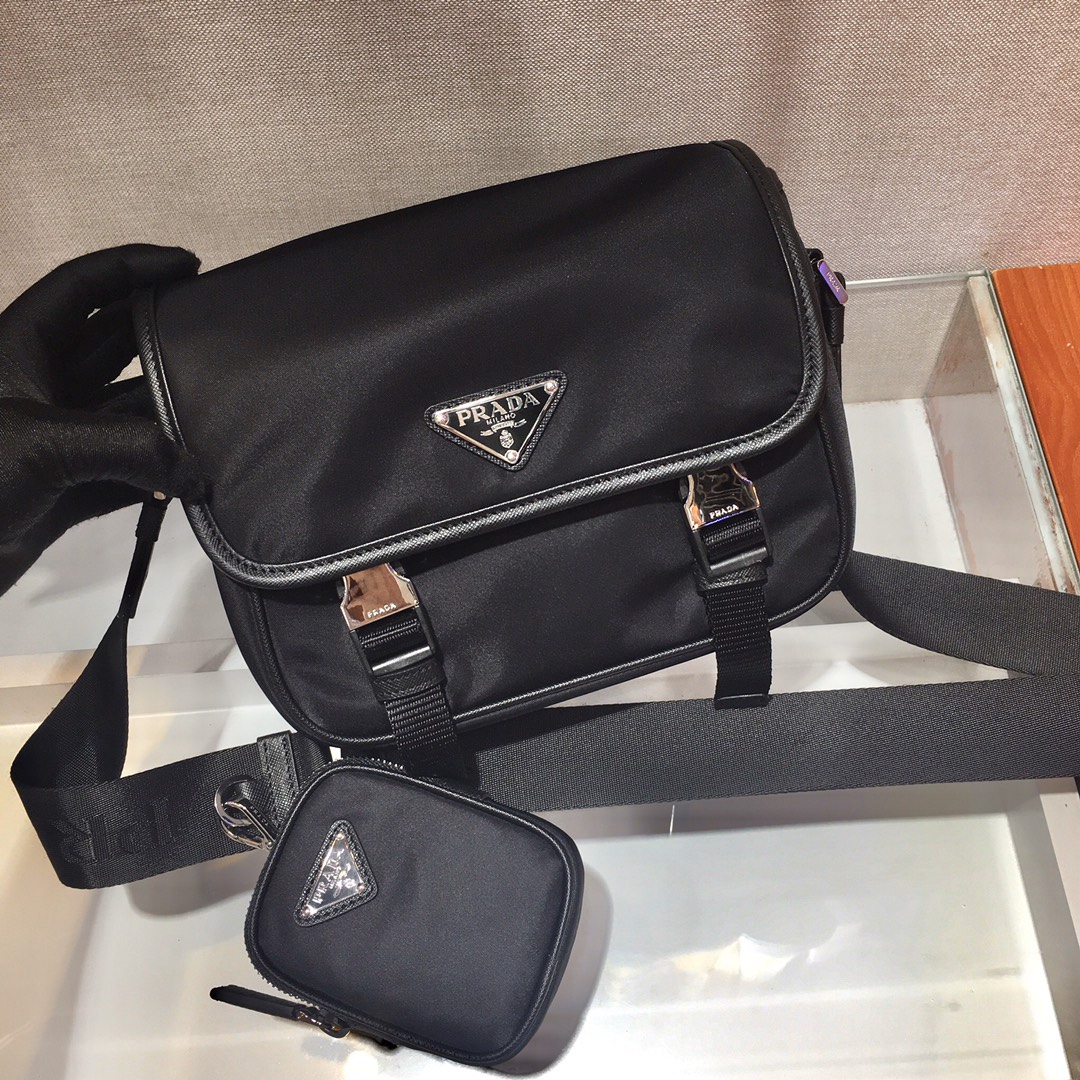 Nylon and Saffiano Leather Bag with Strap, 2VD034 Prada
