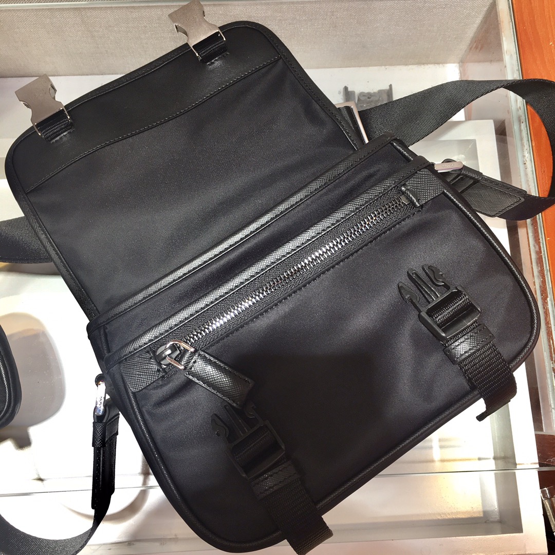 Nylon and Saffiano Leather Bag with Strap, 2VD034 Prada