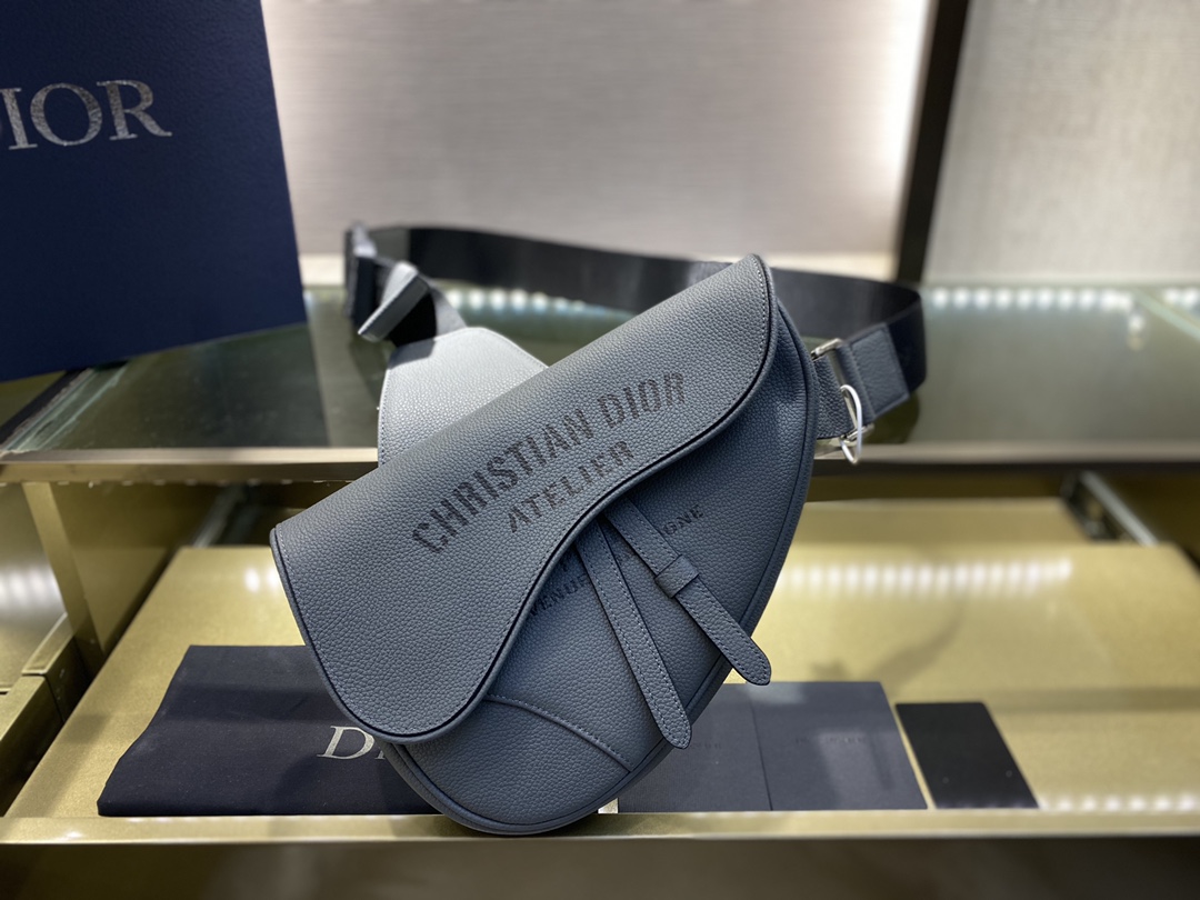 SADDLE BAG, Dark Gray Grained Calfskin with 'Christian Dior Atelier' Signature, DIOR