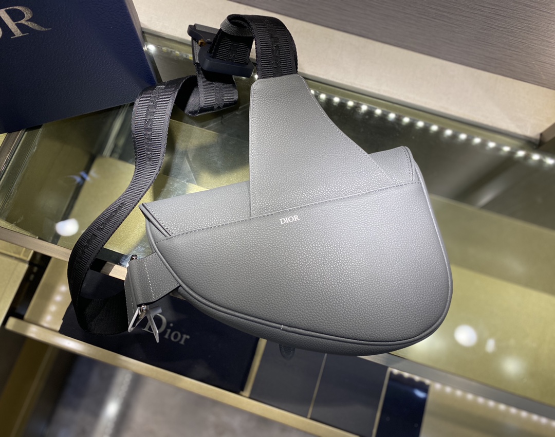 SADDLE BAG, Dark Gray Grained Calfskin with 'Christian Dior Atelier' Signature, DIOR