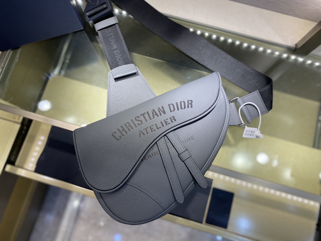 SADDLE BAG, Dark Gray Grained Calfskin with 'Christian Dior Atelier' Signature, DIOR