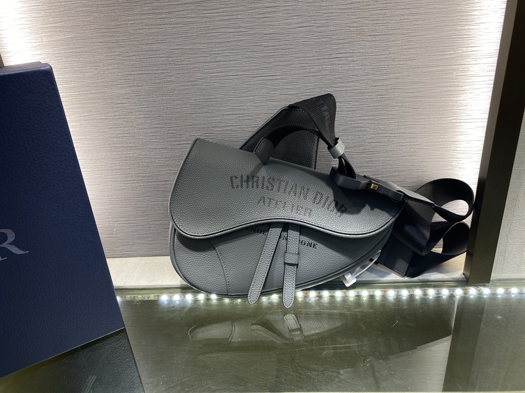 SADDLE BAG, Dark Gray Grained Calfskin with 'Christian Dior Atelier' Signature, DIOR